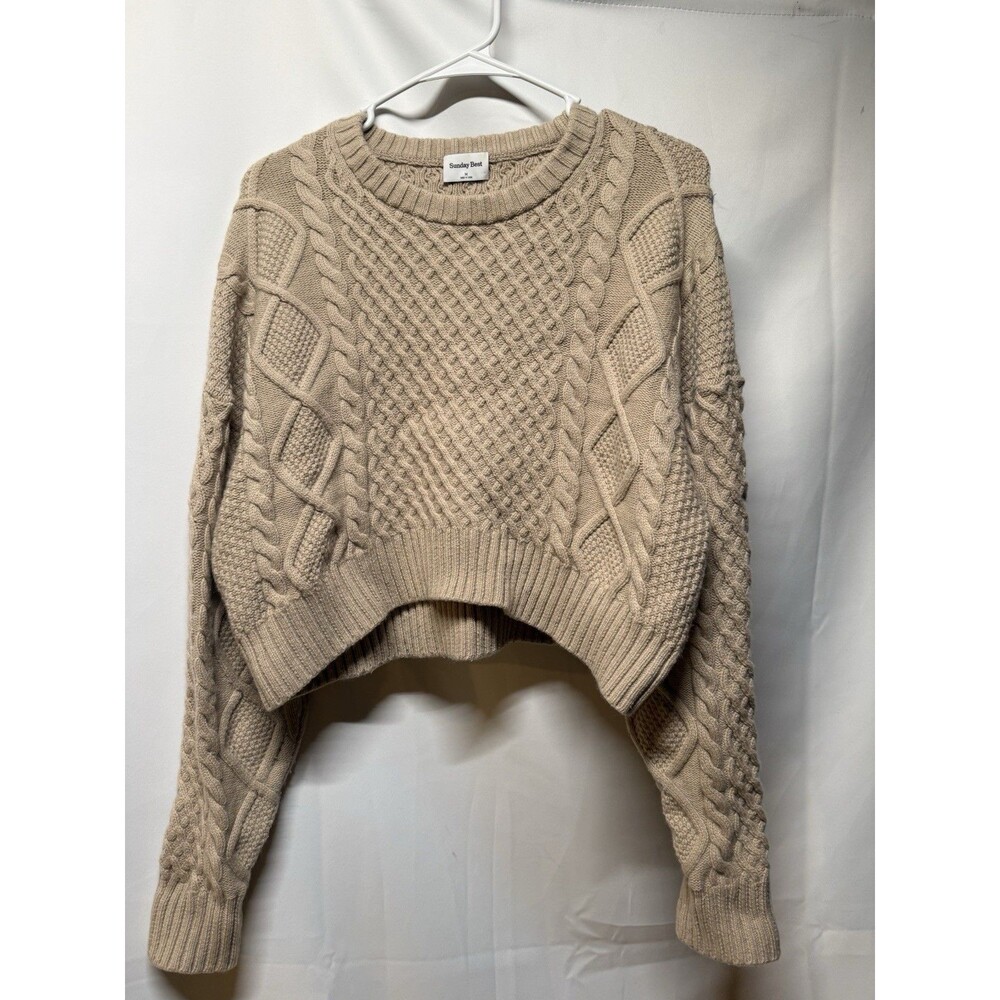 Aritzia Sunday Best Peggy Cropped Cable Knit Sweater Merino Wool Medium Tan
